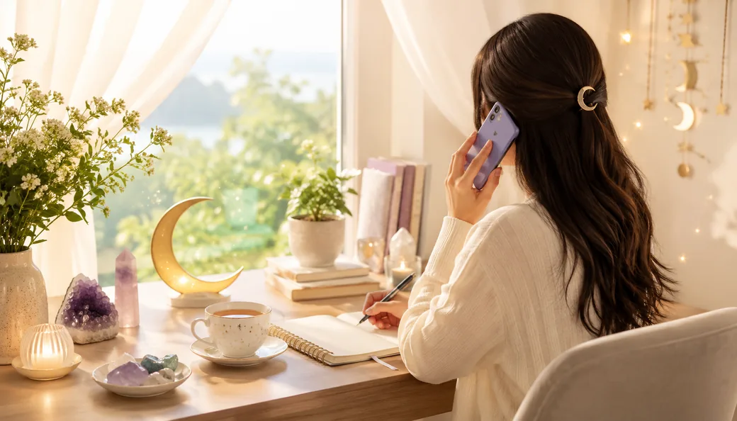 窓辺の穏やかな部屋で、電話でゆっくり鑑定を受ける女性。三日月やクリスタルのある癒やしの空間。