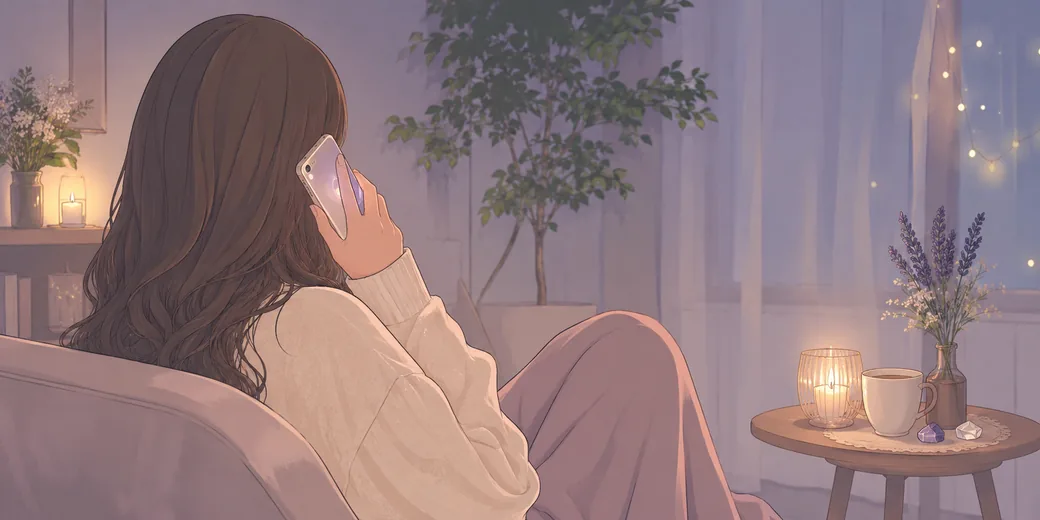 自宅のソファでくつろぎながら電話で鑑定を受ける女性。キャンドルとラベンダーのある穏やかな空間。